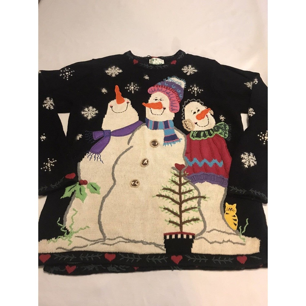 Quacker Factory Snowmen Pullover Christmas Sweater Sz L Angora Snowflakes